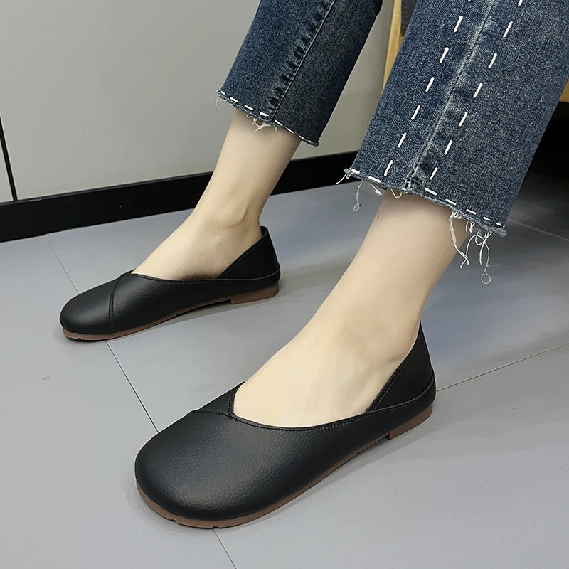 Damen Slip-On Leder Loafers – Frühling/Herbst Ballett-inspirierte Runde Zehen Flats, Bequeme Freizeitschuhe, Krankenschwester-Schuhe, Große Größen bis 43