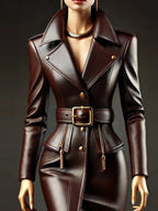 Damen PU Leder Kleid mit Reverskragen – Elegantes Mini-Hemdkleid mit Knopfleiste & Gürtel, Vintage Office Look mit Taschen