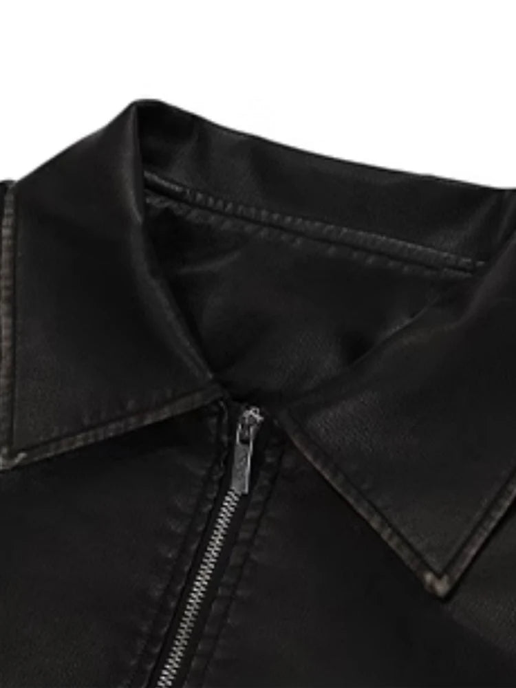 Chaqueta Lautaro de piel sintética suave, negra, desgastada, estilo retro, de gran tamaño, para mujer, con cremallera, estilo Maillard, para primavera y otoño