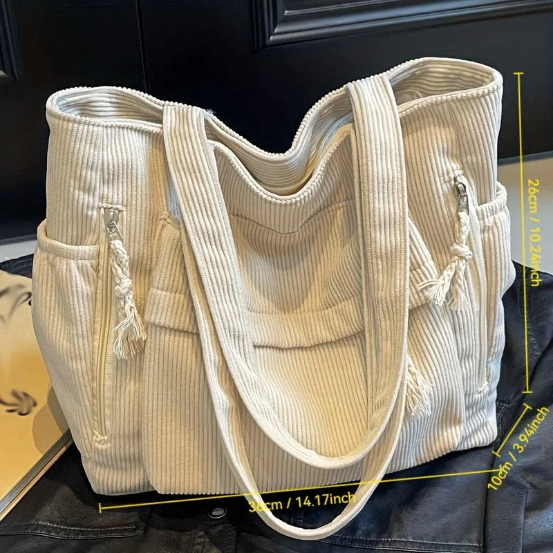 Cord Schultertasche für Damen – Grand sac fourre-tout décontracté avec cordon avec de nombreuses poches, idéal pour les voyages et les voyages