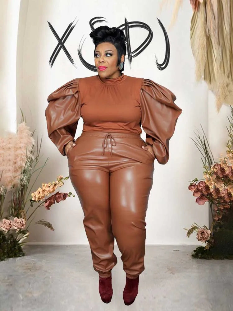 Damen Plus Size Zweiteiler Herbst & Winter – Patchwork Set aus PU & Strick mit Oberteil und Lederlook-Hose, Große Größen 2XL–5XL