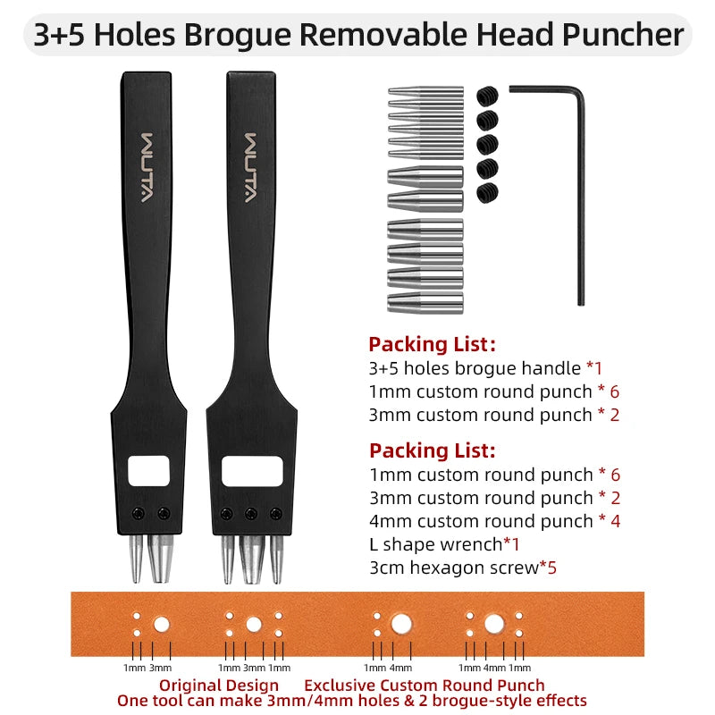 WUTA Austauschbare Brogue Lederlochstanze aus Edelstahl – Blumen- & Rundloch-Punch für Schuhe, Gürtel & Uhrenarmbänder
