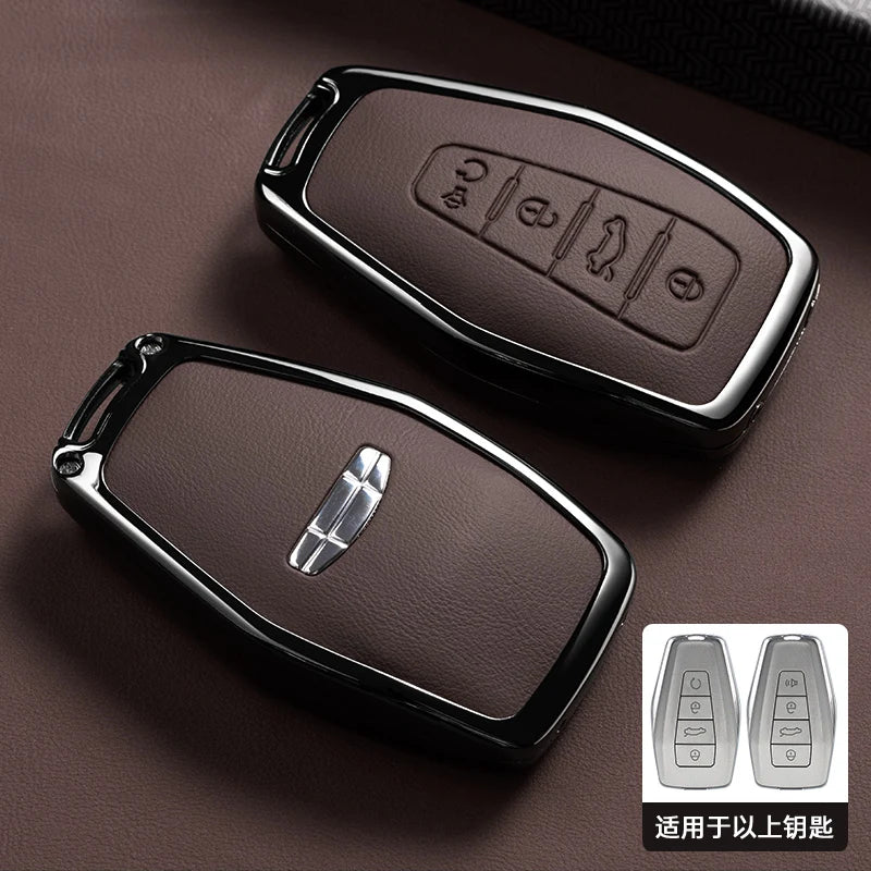 Zinklegierung & Leder Autoschlüssel Hülle mit Kette – Premium Key Case Cover für Geely & Proton Modelle
