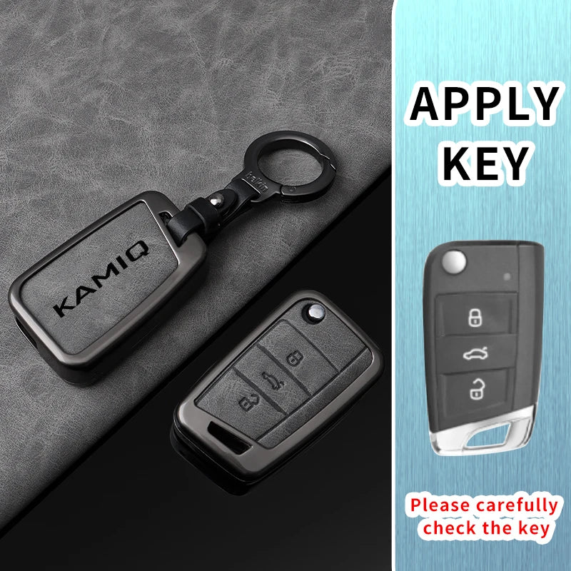 Premium Autoschlüssel Hülle aus Metall & Leder für Skoda Kamiq – Faltbares Keyless Key Case Cover mit Schlüsselanhänger