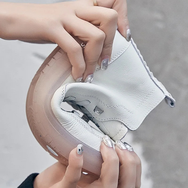 Baskets montantes pour femmes en cuir véritable – Chaussures à lacets avec chaussures vulcanisées, baskets décontractées confortables pour les vacances et les herbes 