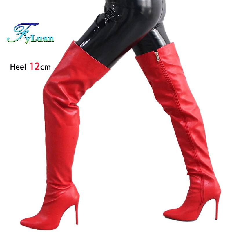 Damen Overknee Stiefel mit seitlichem Reißverschluss – Spitze Thigh-High Boots aus Lederoptik mit 12 cm Stiletto & Plateau (bis Größe 47)