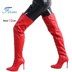 Damen Overknee Stiefel mit seitlichem Reißverschluss – Spitze Thigh-High Boots aus Lederoptik mit 12 cm Stiletto & Plateau (bis Größe 47)