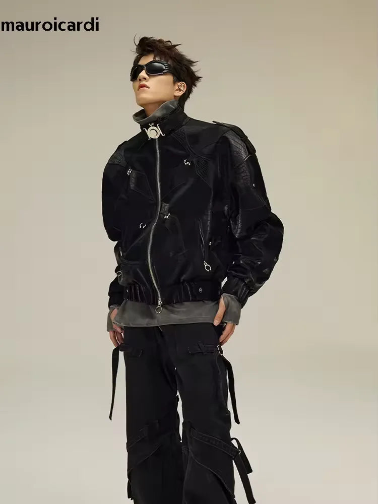 Herren PU-Lederjacke mit Krokodil-Prägung – Kurz geschnittene Designer Jacke im Colorblock Look, Luxury High-Street Style für Frühling & Herbst