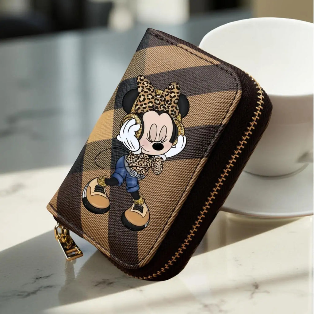 Potdemiel Damen Geldbörse aus PU-Leder – Kurze Wallet mit Reißverschluss, Minnie Karomuster &amp; Leoparden-Design, Kartenfächer in 3 Farben