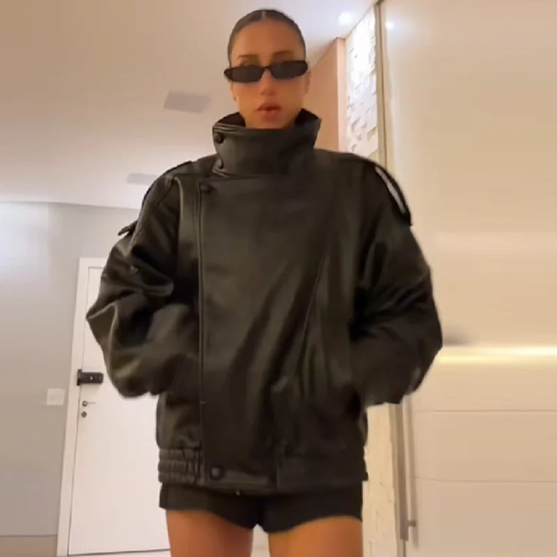 Damen PU Lederjacke mit Stehkragen – Lange Loose Fit Jacke, Casual Chic Streetwear für Herbst & Winter