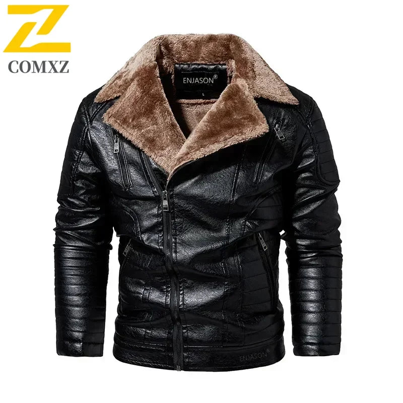 Chaqueta de cuero de PU para hombre de invierno con Fellkragen: cálida, chaqueta de motorizada aus Kunstleder im Biker-Stil 