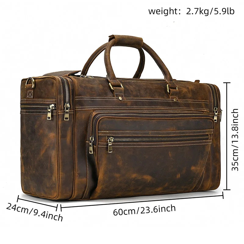 Newsbirds Extralarge Crazy Horse Bolsa de cuero para hombres – 60 cm Vintage Travel Duffle aus echtem Rindsleder mit Nietenboden 