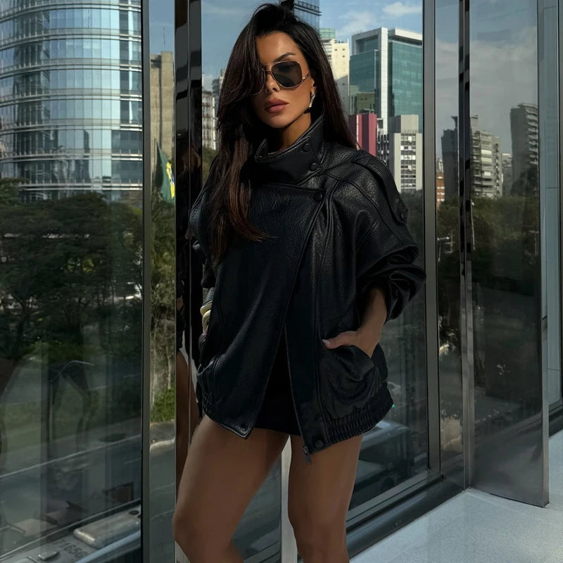 MUJER Schwarze Damen Faux Leder Bomberjacke – Elegante chaqueta de oficina con bolsillos, bolsillos y bolsillos para cada temporada 