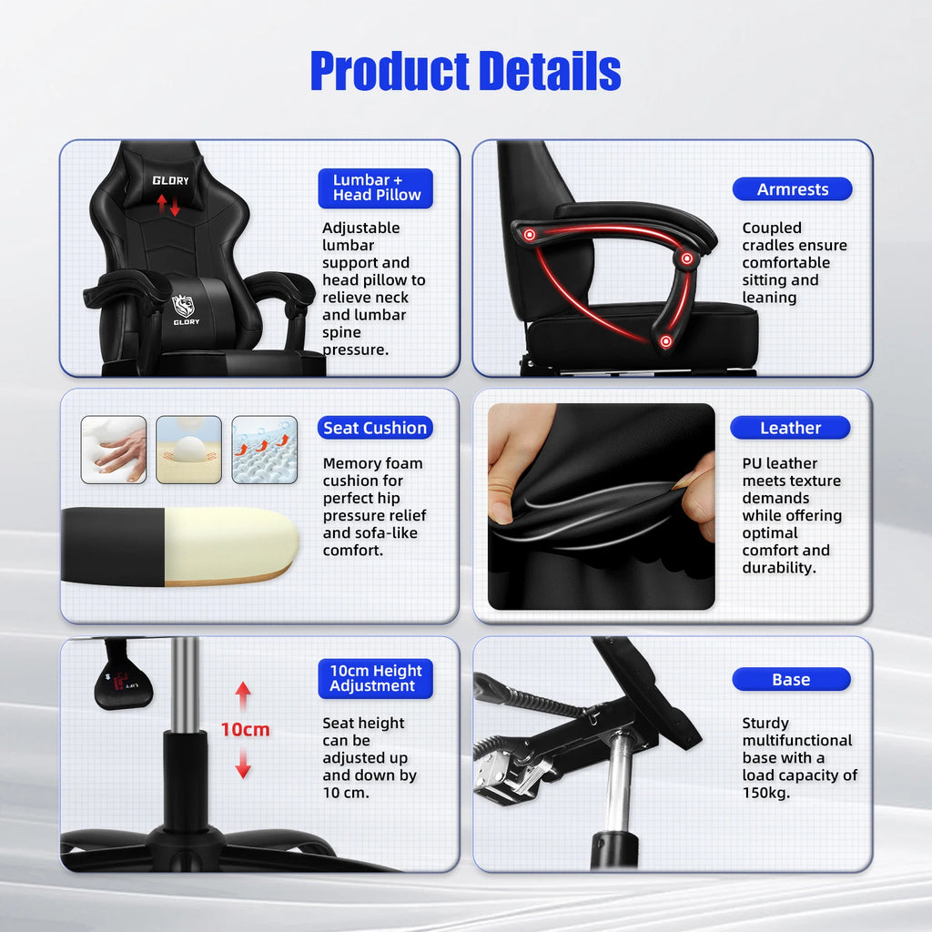 AUTHMIC Silla ergonómica para juegos con asientos – Verstellbarer PU-Leder Bürostuhl mit Lordosenstütze &amp; Liegefunktion für Home Office &amp; Gamer