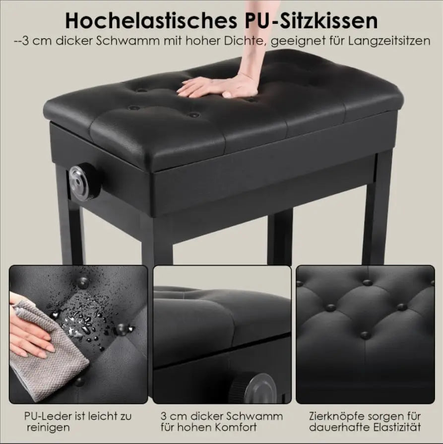 Höhenverstellbare Klavierbank mit Stauraum – Robuste Piano Bench mit Lederkissen aus Massivholz, schwarz, für Einzel- & Doppelsitz