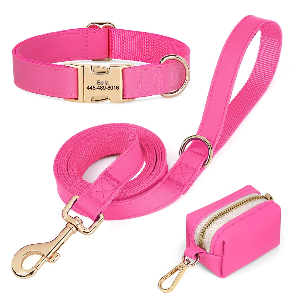 Personalisiertes PU-Leder Hundehalsband- & Leinen-Set mit Kotbeutelhalter – Farbiges Komfort-Set für Hunde & Möpse