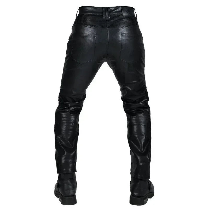 Herren Moto PU Lederhose Schwarz Matt – Biker-Hose mit Knieschutz, elastische Kunstlederhose für Outdoor, Offroad & Alltag (2XS–5XL)