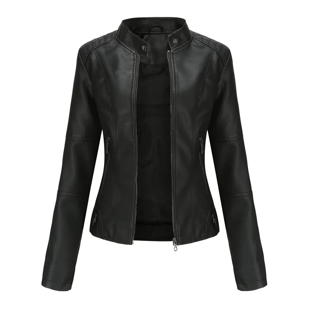 Damen PU Lederjacke 2025 – Bikerjacke mit Stehkragen, Schwarze Casual-Motorjacke für Frühling & Herbst