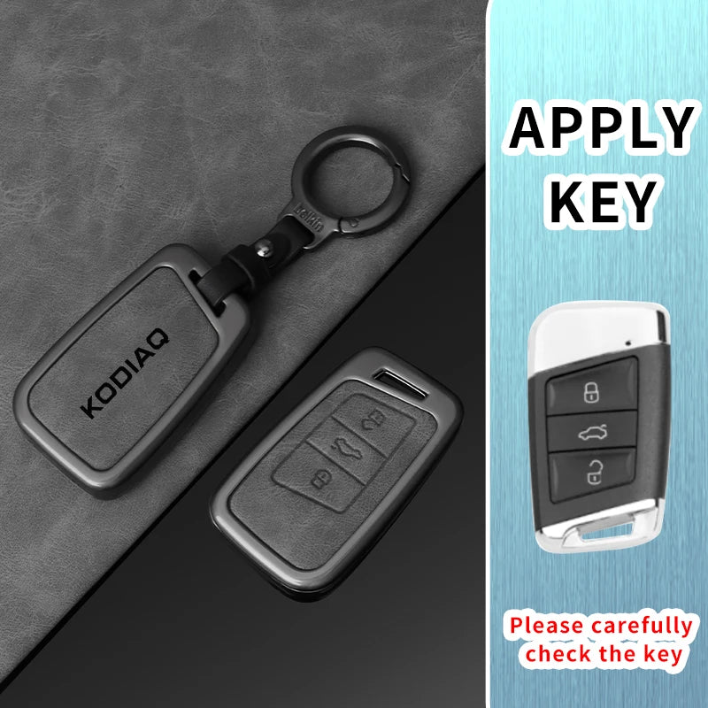 Premium Leder-Metall Autoschlüssel Hülle für Skoda Kodiaq – Elegantes Keyless Key Case Cover mit robuster Schutzhülle