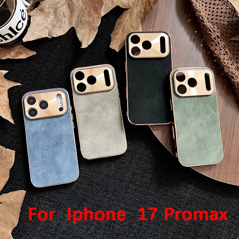 Funda práctica de lujo con soporte metálico para iPhone 11–17 Pro Max y Air – Funda de cuero con protección para cámara