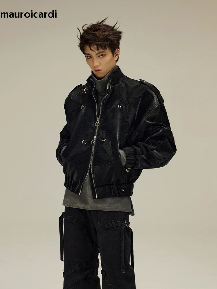 Mauroicardi Herren PU Lederjacke Schwarz – Veste de motard à manches longues et fermeture éclair dans le style streetwear de luxe Y2K