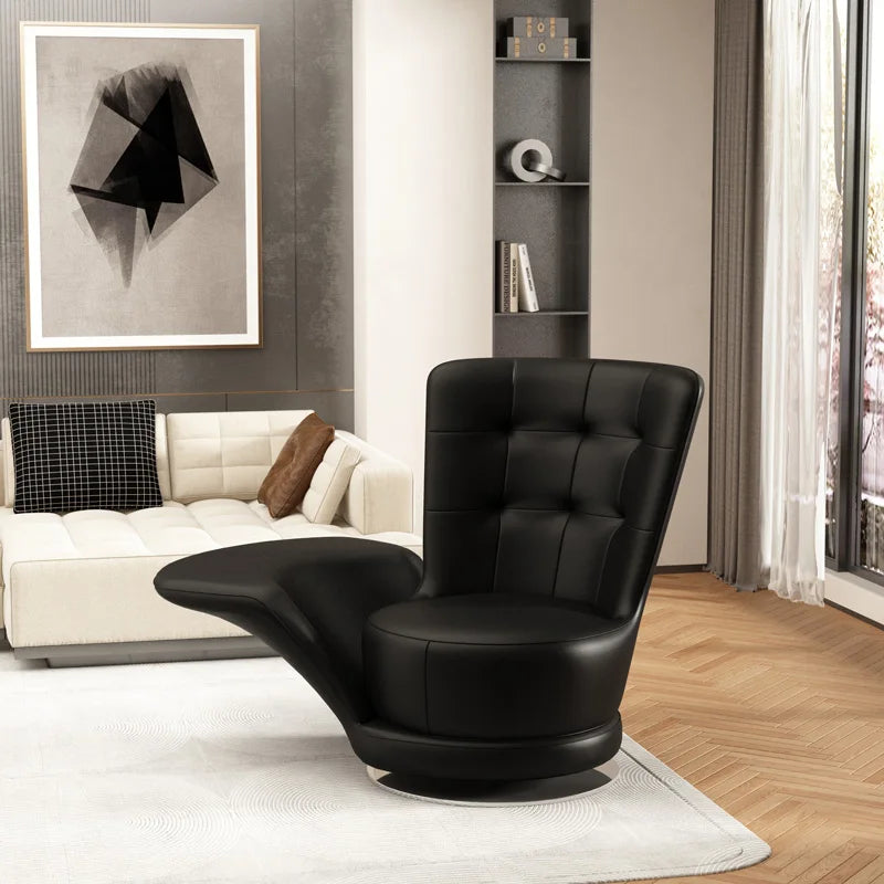 Moderner drehbarer Ledersessel in Schwarz – Übergroßer Relax-Wohnzimmerstuhl mit Armlehnen, lujoso sillón de diseño nórdico