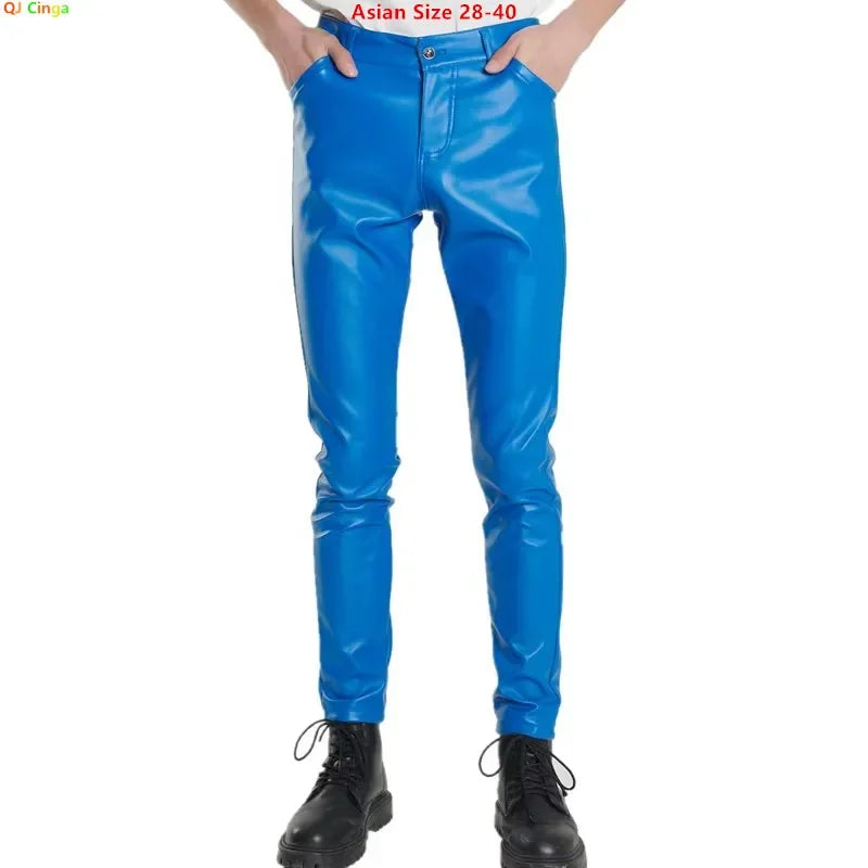 Herren Biker PU Lederhose Slim Fit – Dünne Kunstlederhose in Rot, Blau & Orange für Party, Bar & Club (Gr. 28–40)