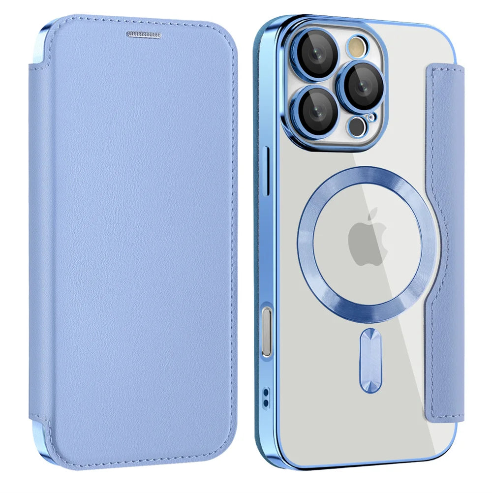 Luxus Transparentes Flip Leder Wallet Case mit MagSafe – Magnetische iPhone Hülle mit Kartenfach & Standfunktion für iPhone 11 bis 17 Pro Max