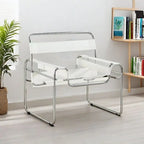 Nordischer Designer-Sessel aus Edelstahl &amp; Sattelleder – Bauhaus Akzentstuhl mit Armlehnen für Wohnzimmer &amp; moderne Wohnräume