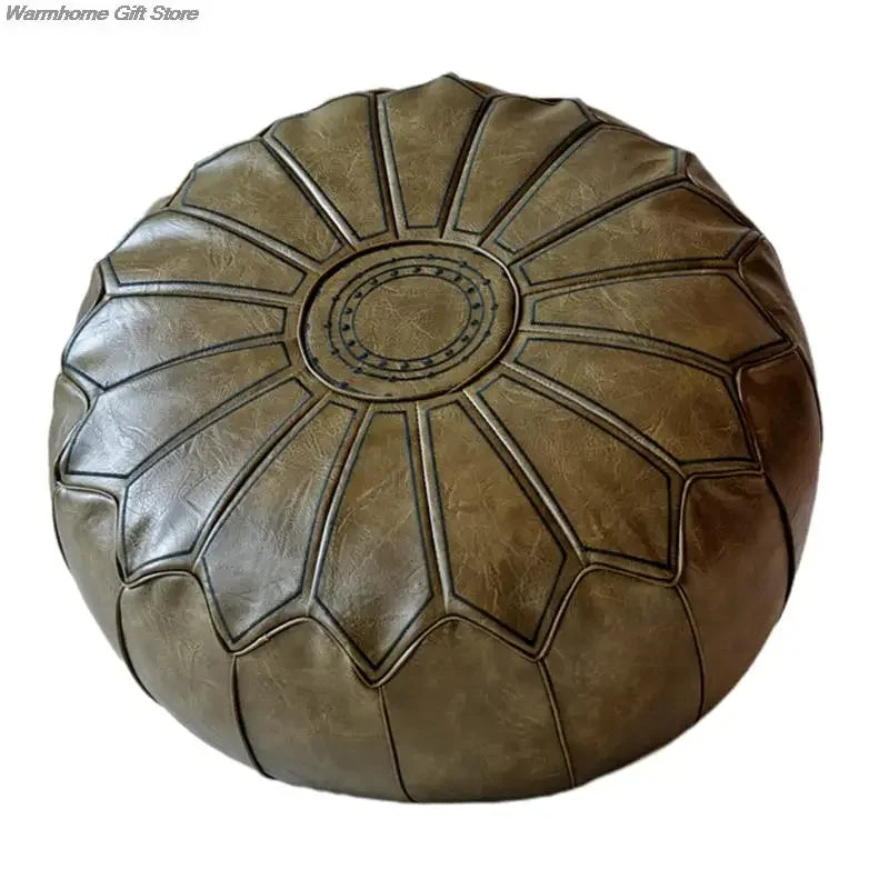 Marokkanischer PU Leder Pouf 58 cm – Handgefertigtes Meditationskissen & Ottoman mit Stickerei, rund, ungefüllt
