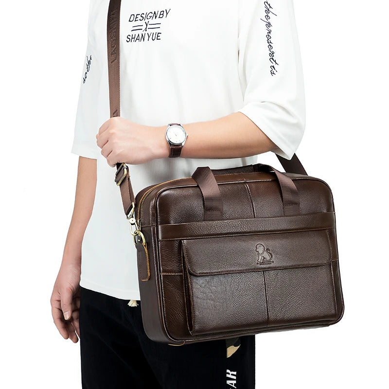 STEEL LION Herren Aktentasche aus echtem Rindsleder – Große Business Laptoptasche 14 Zoll mit Schultergurt & Kofferbefestigung