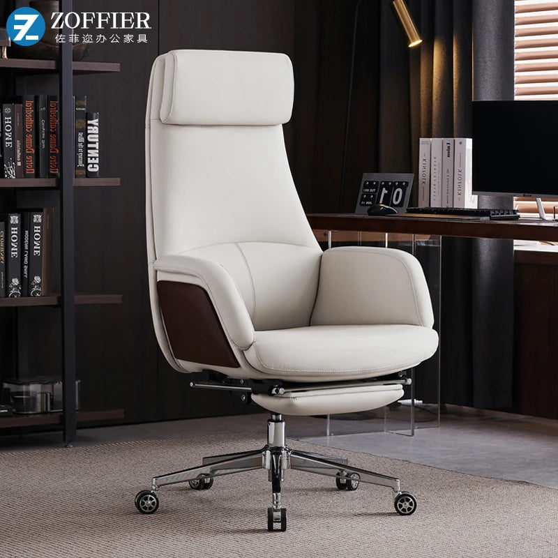 Ergonomischer Bürostuhl aus Rindsleder – Schwarzer Executive Drehstuhl mit Liegefunktion, Fußstütze & Armlehnen