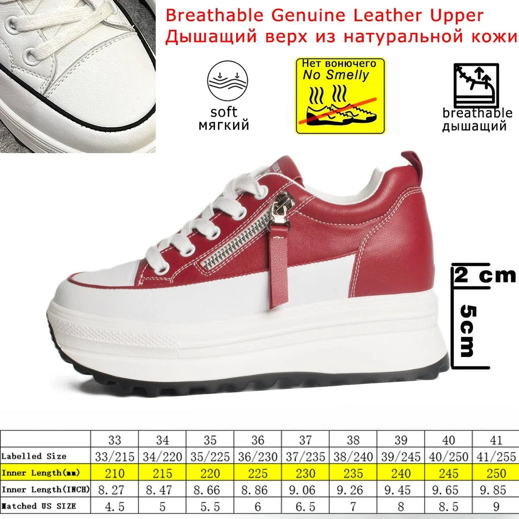 Fujin Damen Plateau Sneaker aus Echtleder – 7 cm Wedge Sneakers mit Schnürung | Komfortable Leder Plattform-Schuhe für Frauen