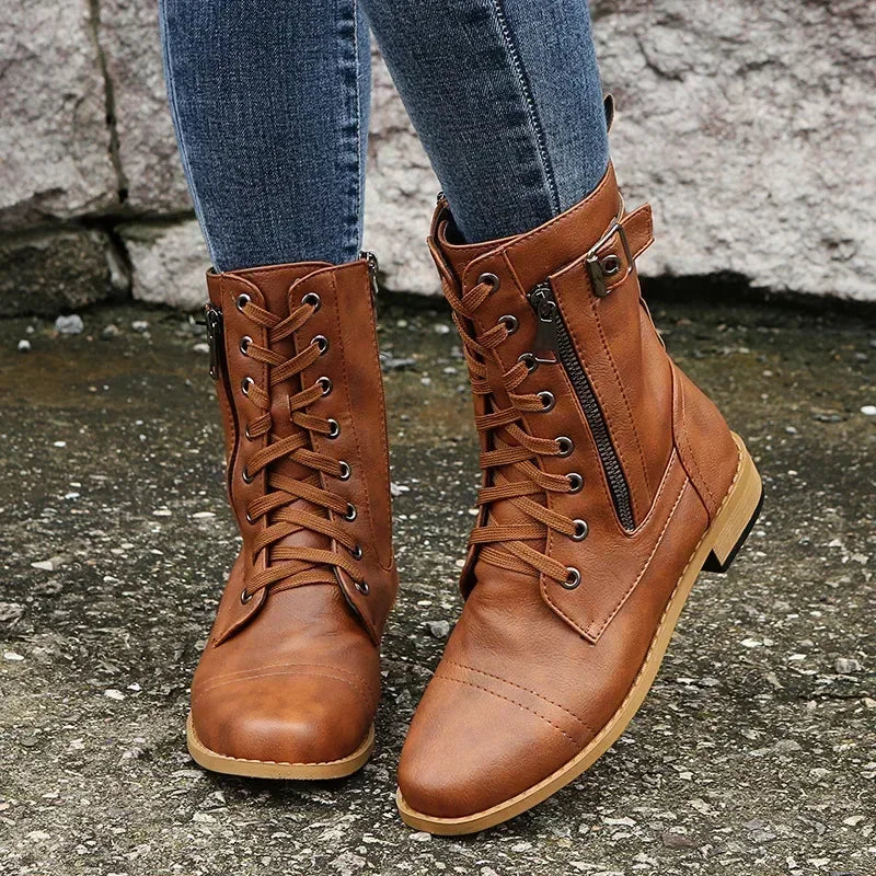Damen Ankle Boots mit Blockabsatz – PU Leder Stiefeletten mit Schnürung & Reißverschluss, bequeme Herbst-Winter Arbeitsschuhe in großen Größen