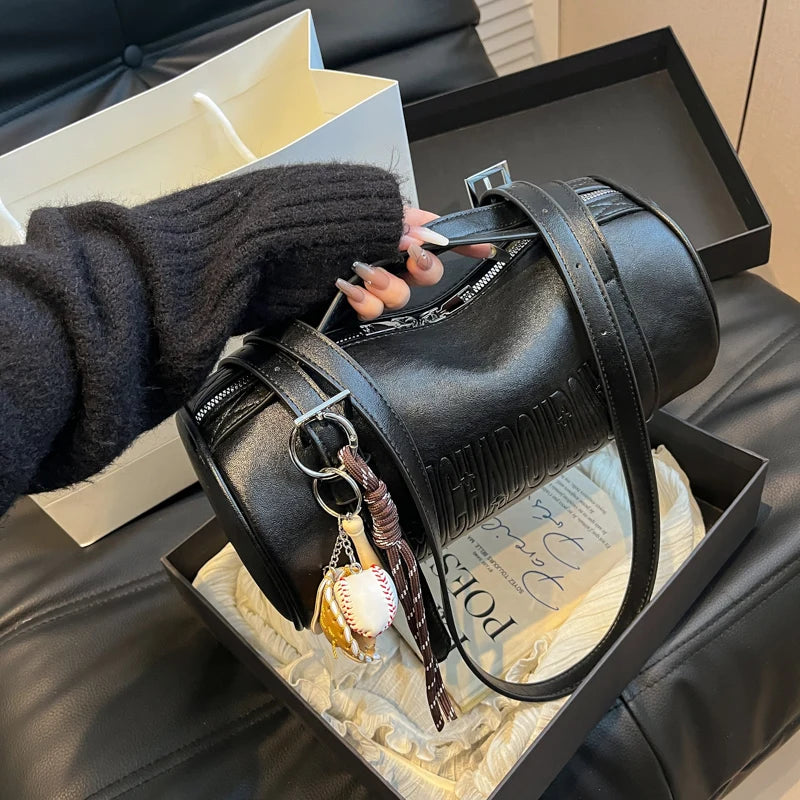 Moods Boutique Damen Zylinder-Schultertasche – Multifunktionale Luxus-Handtasche 2024 mit Anhänger 