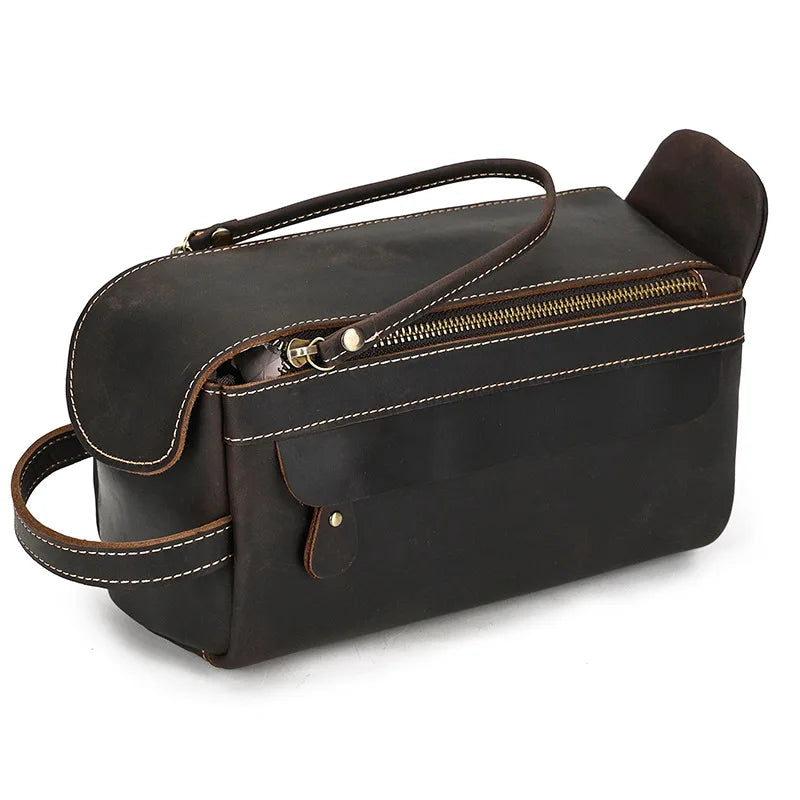 Hochwertige Kleine Reise-Kosmetiktasche aus Crazy Horse Leder – Vintage Leder Wash- &amp; Make-up Bag para hombres 