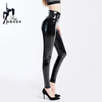 Damen Schwarze PU Leder Leggings mit Doppel-Reißverschluss – High Waist, glänzend & figurbetont für Club, Bühne und Nachtlooks