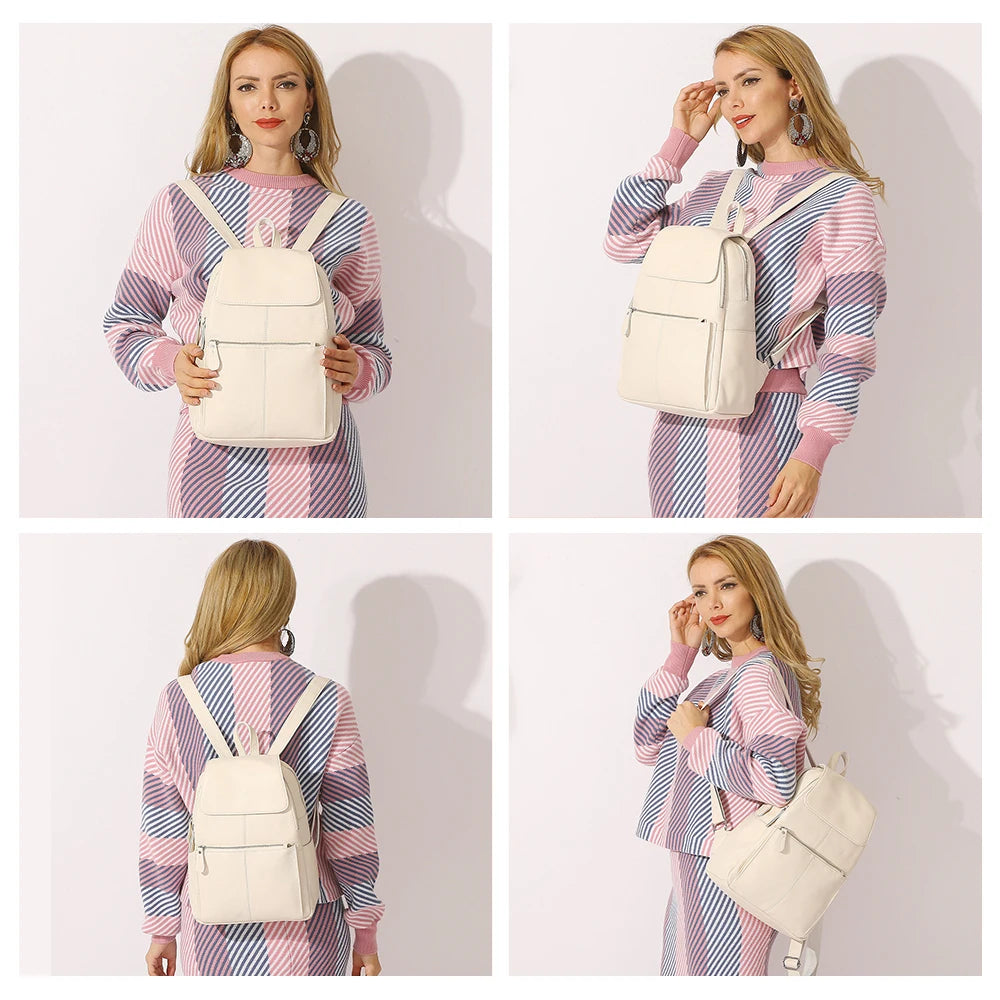 ZENCY Damen Rucksack aus echtem Rindsleder – Anti-Diebstahl Designer Leder-Rucksack mit großem Stauraum in Schwarz & Weiß