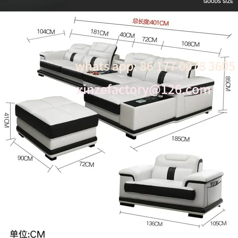 Modernes Luxus Leder-Ecksofa mit Schlafunktion – Smart Couch en L avec Bluetooth, Lautsprecher, USB &amp; Getränkehaltern, barre de configuration individuelle