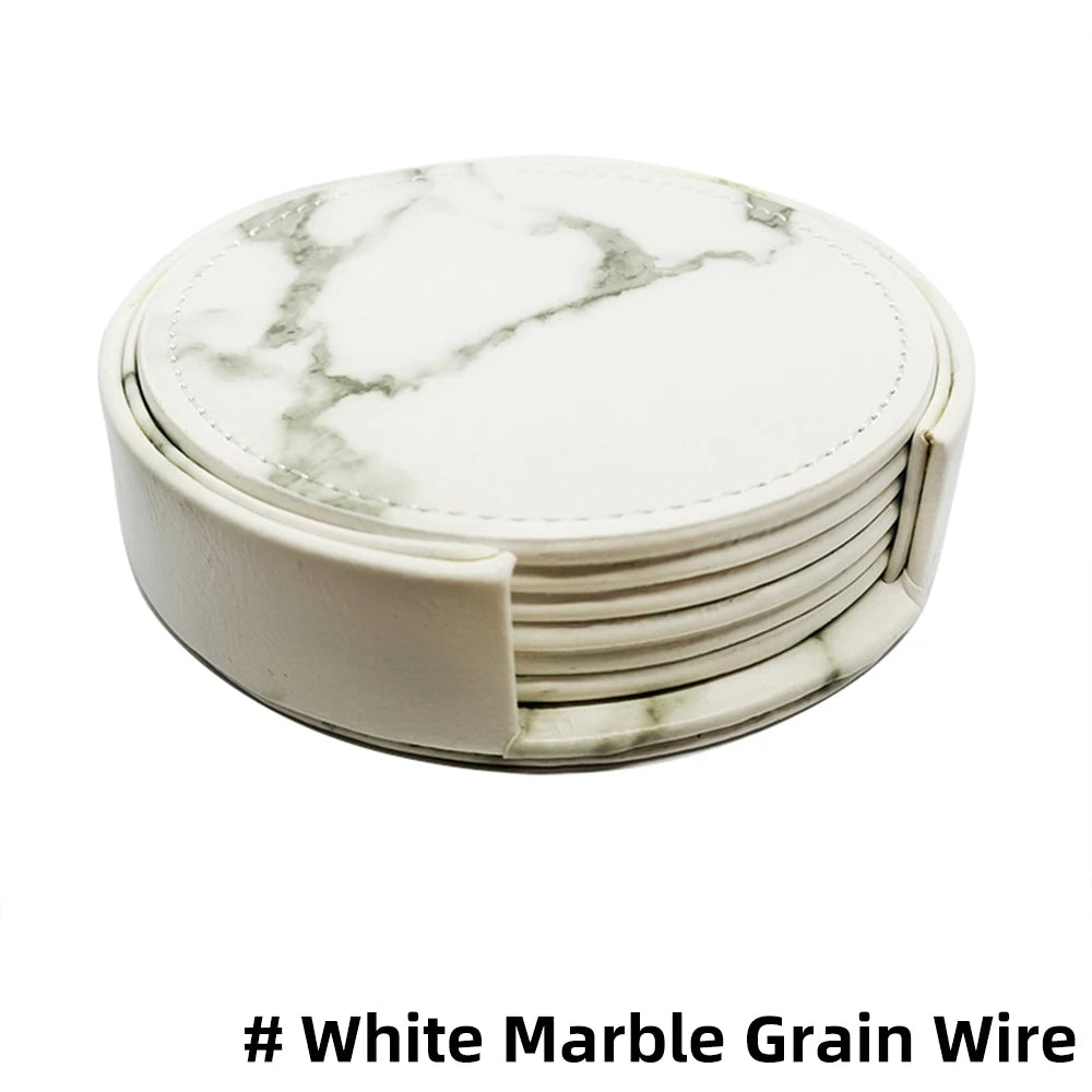 6er Set Kunstleder Untersetzer in Marmor-Optik mit Halter – Rutschfeste & wasserdichte Getränkeuntersetzer für Bar, Küche & Esstisch