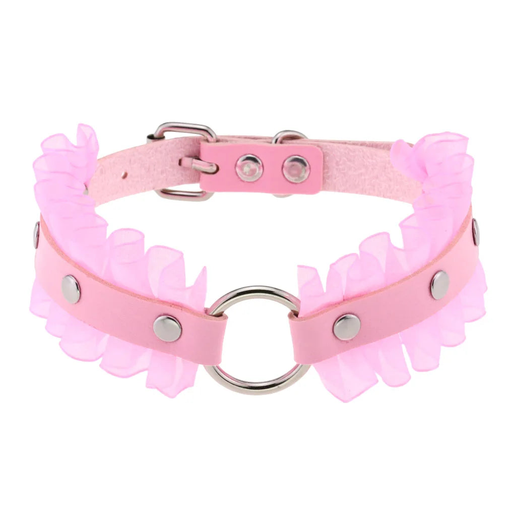 Punk Choker Halskette aus Leder & Spitze – Pinke Gothic Halskette mit Herz- & Kreis-Anhänger im Harajuku Style