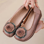 Lorilury Damen Leder Flats 2024 – Handgefertigte Blumen-Ballerinas aus echtem Rindsleder, Retro Wedged Loafers, Weiche Dressy Moccasins