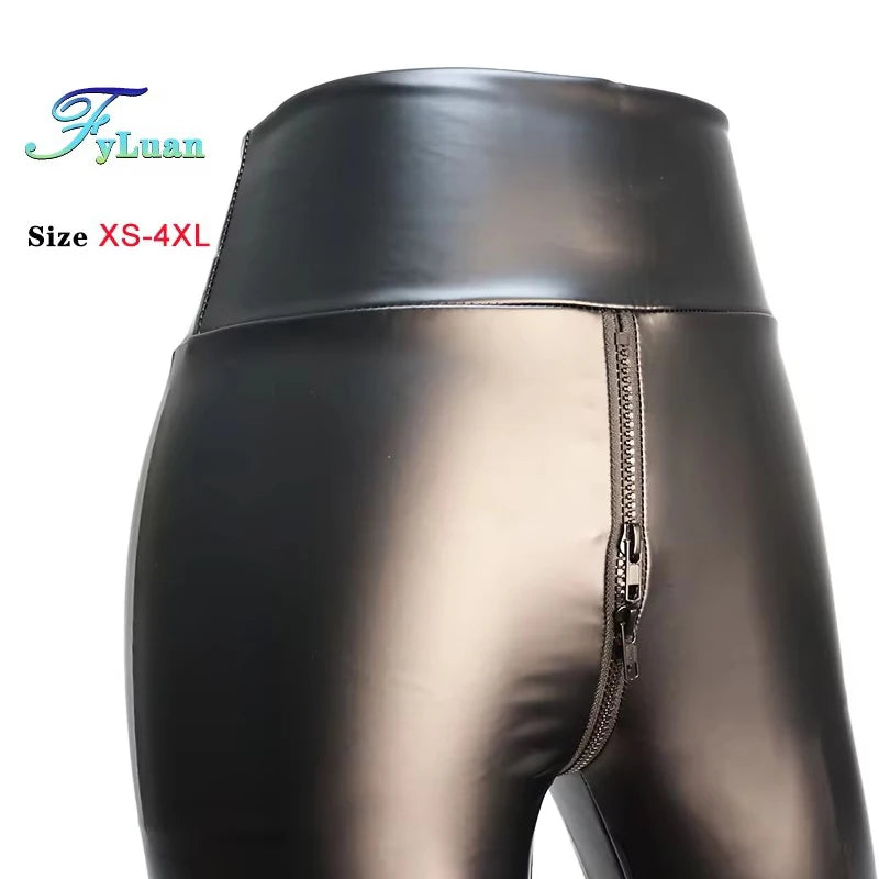 Dames PU Lederleggings Taille Haute – Mat Push-Up Leggings mit Doppelreißverschluss, Stretch &amp; Knöchellänge 