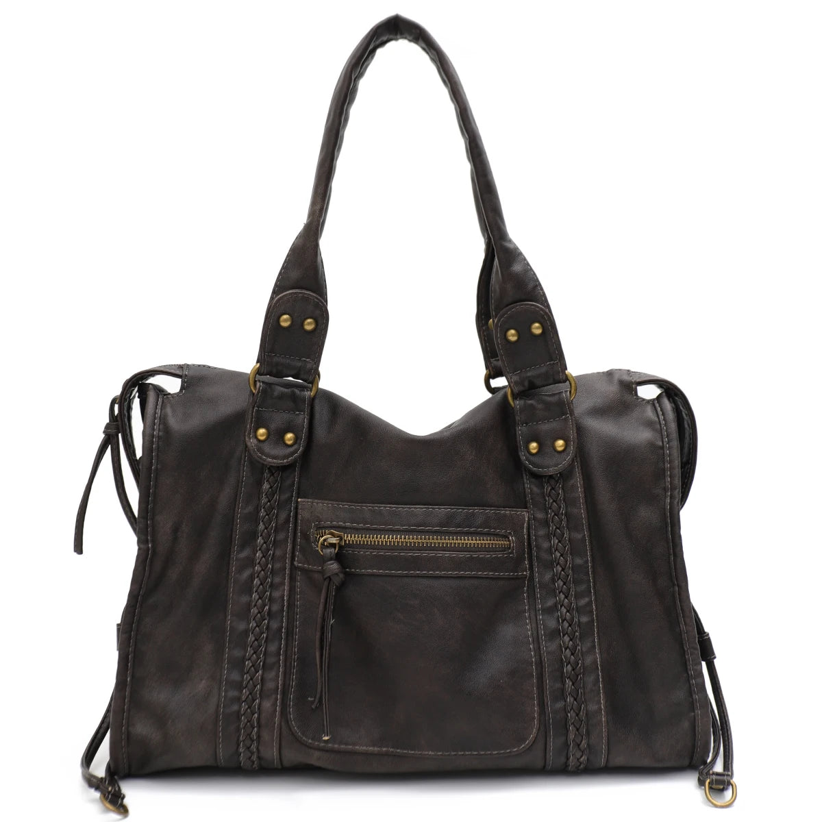 Vintage Tote Bag aus gewaschenem PU-Leder – Große Schulter- & Crossbody Tasche mit Zipperfächern, Flecht- & Quastendetails