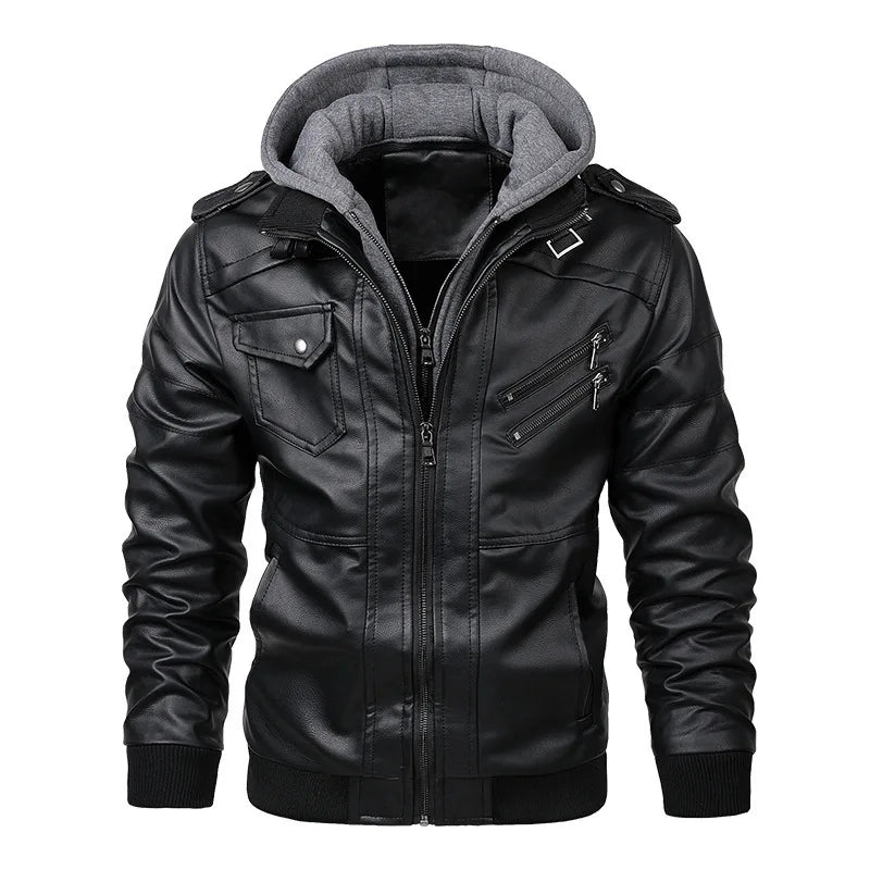 Herren Fake-Two PU Lederjacke mit Doppelreißverschluss – Warme Bikerjacke mit abnehmbarer Kapuze für Herbst & Winter