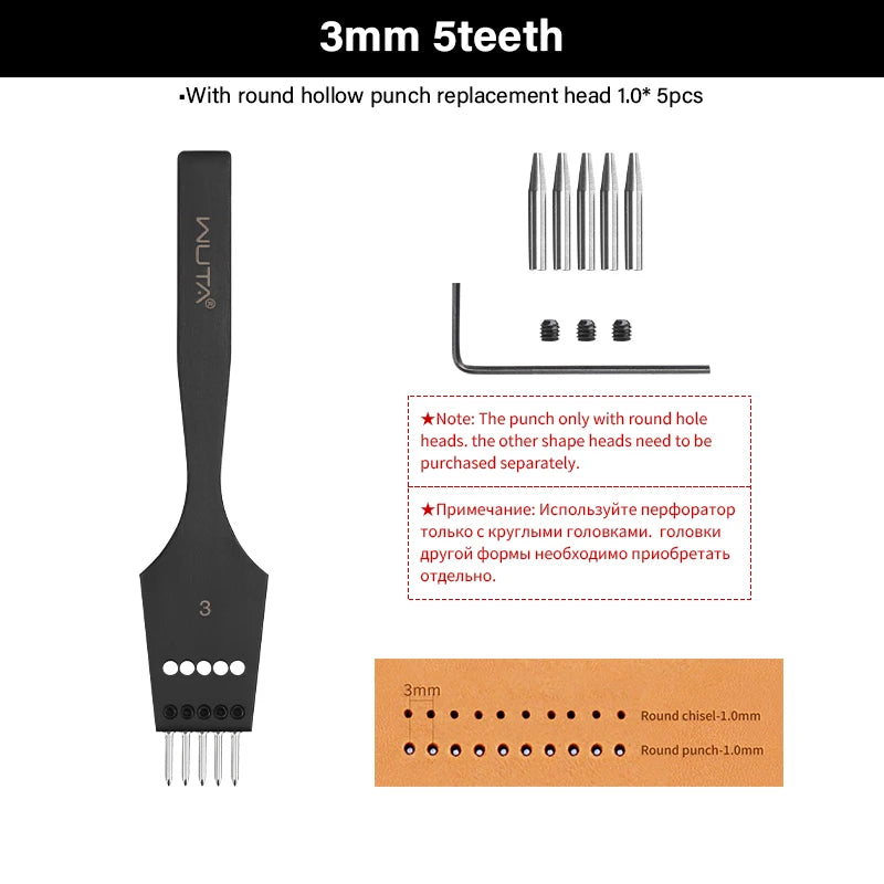 WUTA 3G Plancha para pinchar cuero con Wechselkopf – Professionelles Lederlochwerkzeug aus 4Cr13 Stahl, Austauschbare Chisel- &amp; Punch-Köpfe para bricolaje Lederarbeiten 