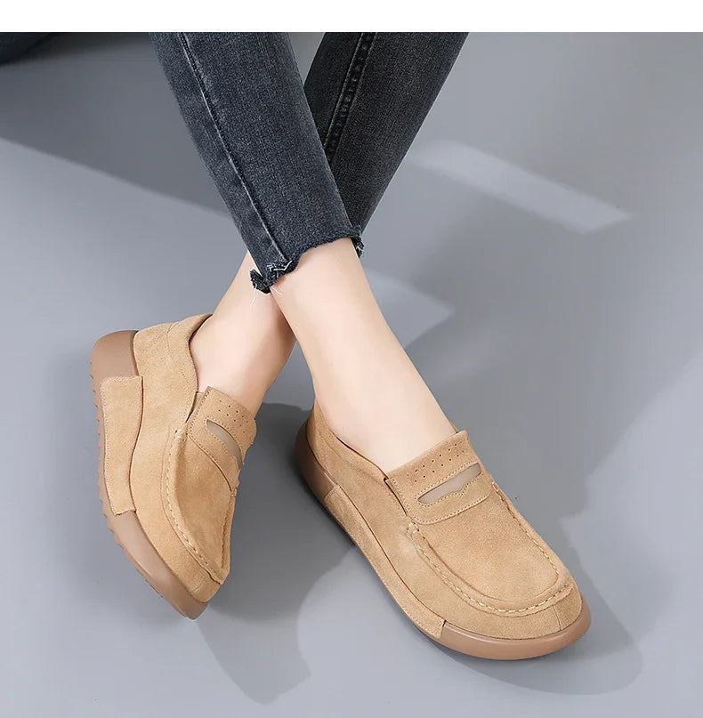 TIMETANG Damen Loafers Flats – Handgefertigte Mokassins aus echtem Leder, Slip-On, runde Zehen, Plattform Schuhe für Frühling &amp; Herbst