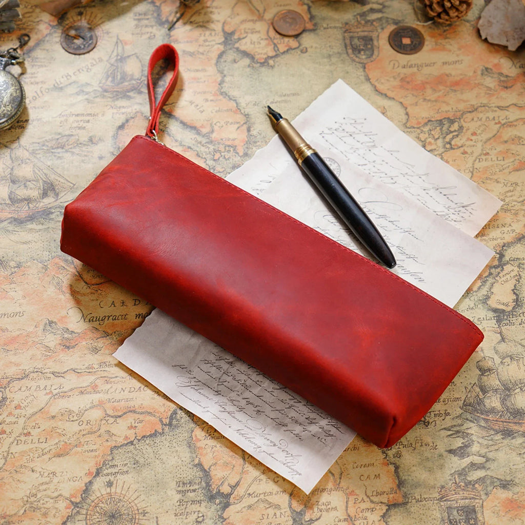 Echtes Leder Stifteetui mit Reißverschluss – Estuche grande para bolígrafos, revistas y bolígrafos