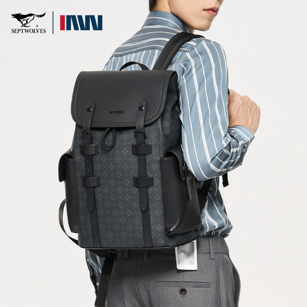 SEPTWOLVES Business Leder Rucksack Herren – Sac à dos design pour ordinateur portable avec monogramme, cordon et fermeture éclair