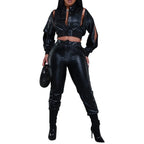 HIGH STREET Damen Leder Zweiteiler – Slim Fit Jacke mit Revers & Knöpfen, High Waist Pencil Hose im Patchwork Design